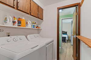 Laundry room with access to the half bath and primary bedroom.