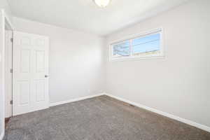 Empty room featuring carpet floors, visible vents, and baseboards