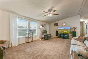 Living room with lofted ceiling, a ceiling fan, and carpet