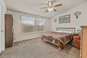 Bedroom featuring vaulted ceiling, carpet floors, and ceiling fan