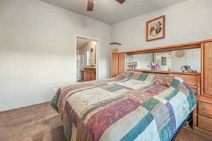 Carpeted bedroom with a ceiling fan and connected bathroom