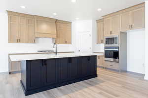 Kitchen featuring baseboards, appliances with stainless steel finishes, custom exhaust hood, and a sink
