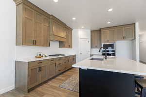 Kitchen with premium range hood, a sink, appliances with stainless steel finishes, decorative backsplash, and light wood-style floors