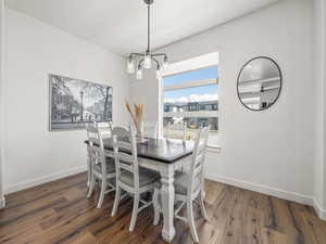 Dining room with large windows and mountain views