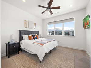 Main Bedroom featuring recessed lighting, ceiling fan, shades and mountain views