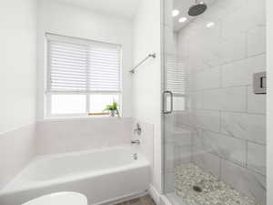 Bathroom with toilet, a garden tub, and a stall shower