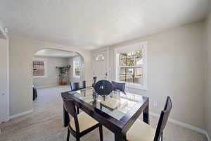 Carpeted dining area with arched walkways, a textured ceiling, a healthy amount of sunlight, and baseboards