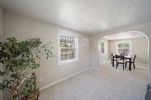 Dining room with carpet, arched walkways, a textured ceiling, and plenty of natural light
