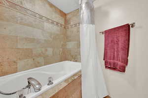 Bathroom with a bath and a shower with shower curtain