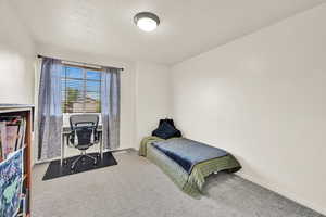 Carpeted bedroom with a textured ceiling and baseboards