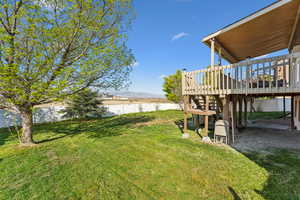 View of yard featuring a deck with water view and a fenced backyard