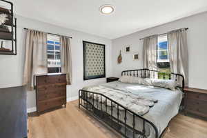 Bedroom featuring light wood-style floors, baseboards, and multiple windows