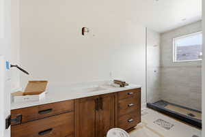 Bathroom featuring vanity and a stall shower