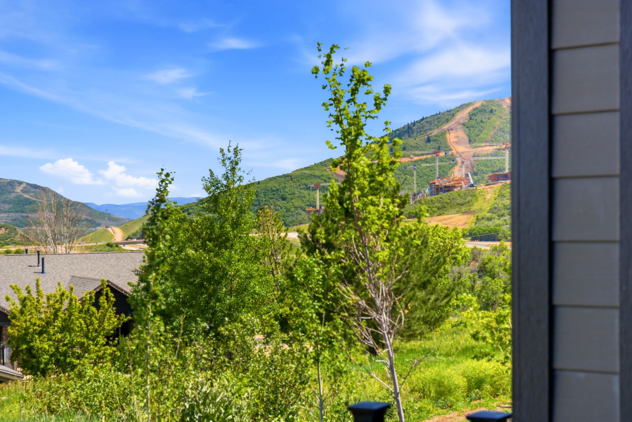 Mountain landscape with green foliage and a distant ski slope