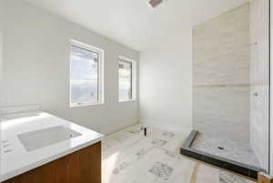 Washroom with vaulted ceiling