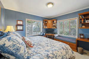 Carpeted bedroom with crown molding