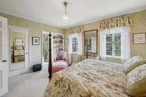 Carpeted bedroom featuring ornamental molding