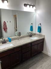 Bathroom featuring baseboards, wood finished floors, a sink, and double vanity