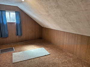 Additional living space featuring lofted ceiling, wooden walls, and carpet
