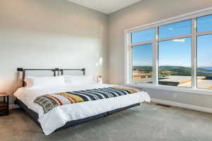 Carpeted bedroom featuring baseboards and visible vents