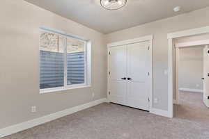Unfurnished bedroom featuring carpet floors, a closet, baseboards, and a textured ceiling