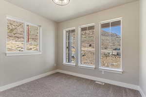 Carpeted empty room with plenty of natural light, baseboards, and visible vents