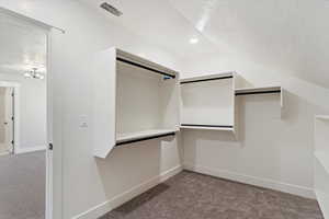 Spacious closet featuring carpet and vaulted ceiling