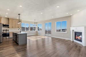 Kitchen with dark wood-type flooring, light countertops, a sink, and appliances with stainless steel finishes