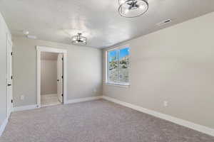 Unfurnished bedroom with light colored carpet, baseboards, a textured ceiling, visible vents, and ensuite bathroom
