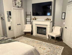 Carpeted bedroom featuring a tiled fireplace and a closet