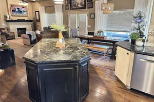 Kitchen featuring dark wood finished floors, stainless steel dishwasher, dark cabinets, and a fireplace