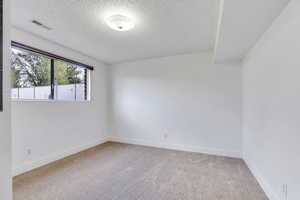 Empty room with baseboards, carpet flooring, a textured ceiling, and visible vents