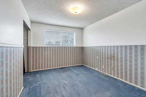 Carpeted empty room with a textured ceiling, a wainscoted wall, and visible vents
