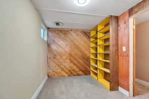 Spare room featuring baseboards, carpet flooring, and wooden walls