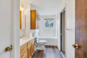 Full bathroom with wood finished floors, a bathtub, vanity, and toilet