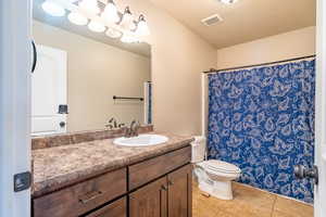 Full bath featuring visible vents, tile patterned flooring, vanity, and toilet