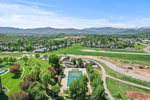 Drone / aerial view with a mountain view and a residential view