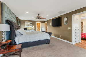 Bedroom featuring recessed lighting, visible vents, crown molding, and baseboards