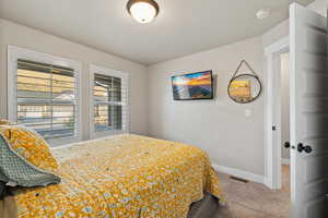 Bedroom with visible vents, carpet flooring, and baseboards
