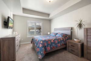 Bedroom with light carpet, baseboards, and a raised ceiling
