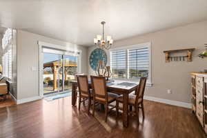 Dining area featuring plenty of natural light, baseboards, a chandelier, and dark wood-style flooring