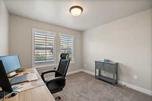 Home office with baseboards and carpet