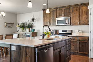 Kitchen with a sink, stainless steel appliances, a center island with sink, light countertops, and dark wood-style flooring