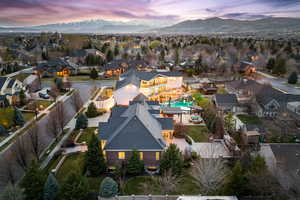 Aerial view at dusk of a mountain view and a residential view