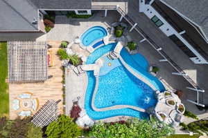 Drone / aerial view of a pool
