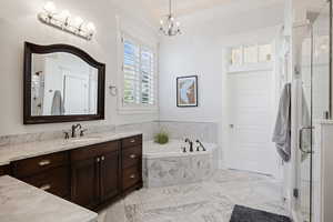 Bathroom featuring vanity, a garden tub, a shower stall, a chandelier, and ornamental molding