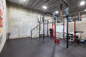 Basement featuring rubber floors