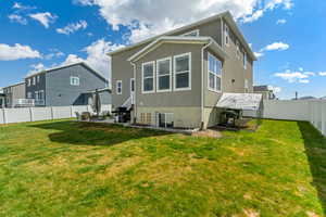 Back of house featuring a fenced backyard, a yard, and stucco siding