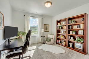 Office area with light carpet, visible vents, and baseboards