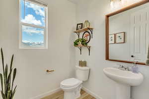 Bathroom featuring baseboards, wood finished floors, a sink, and toilet